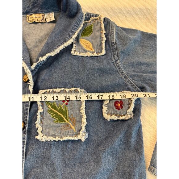 Y2K Boho Patchwork Denim Fall Jacket W/ Embroidered Leaf Motif Raw Hem Pockets M - Picture 4 of 6
